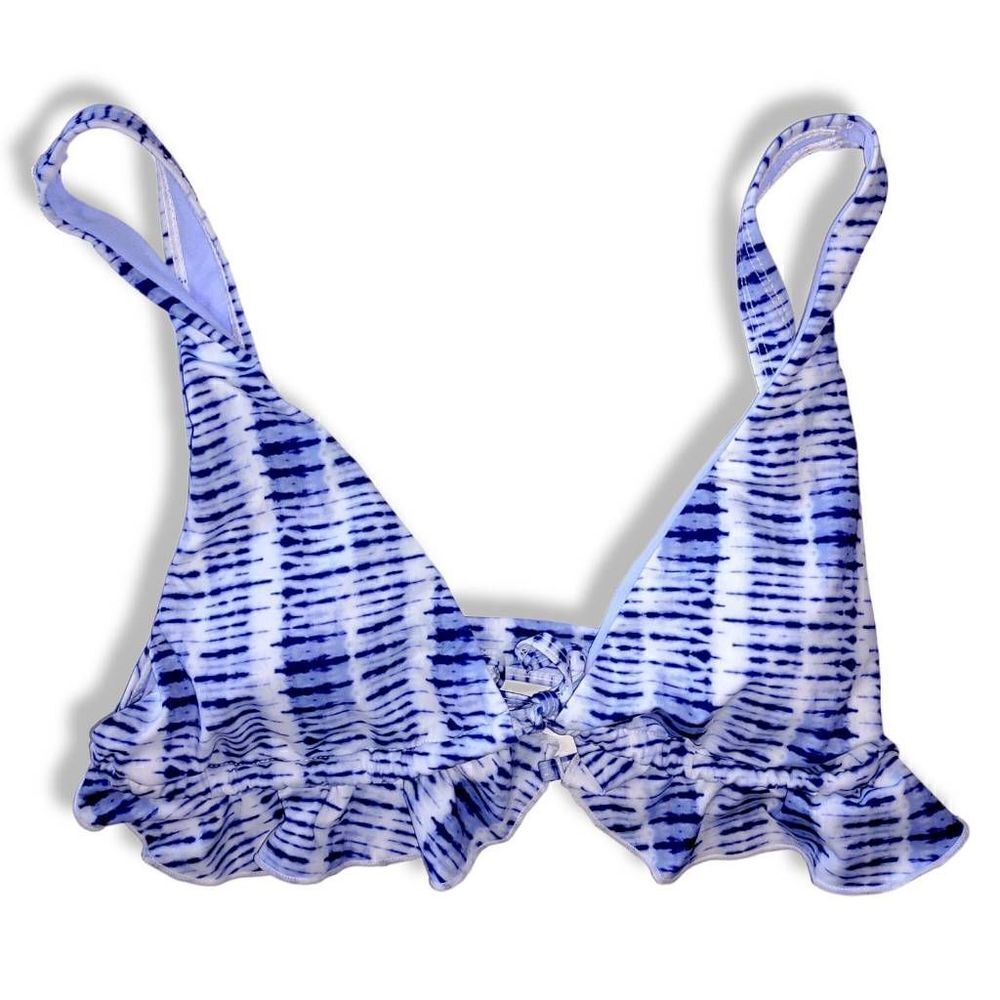 Envya Blue Bikini Top Tie Dye Triangle With Ruffles Adjustable Tie Drawstring Fr